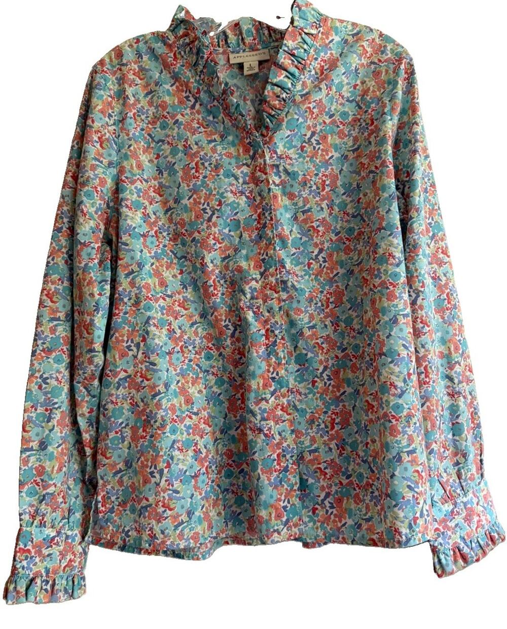 Appleseeds Blouse Womens L Floral Ruffle Collar Cuffs Button Front Cotton Blend